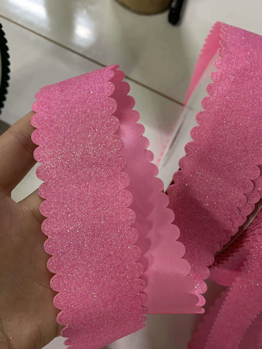 Geranium Pink Satin GLITTER Scallop Wavy Edge - 1.5"