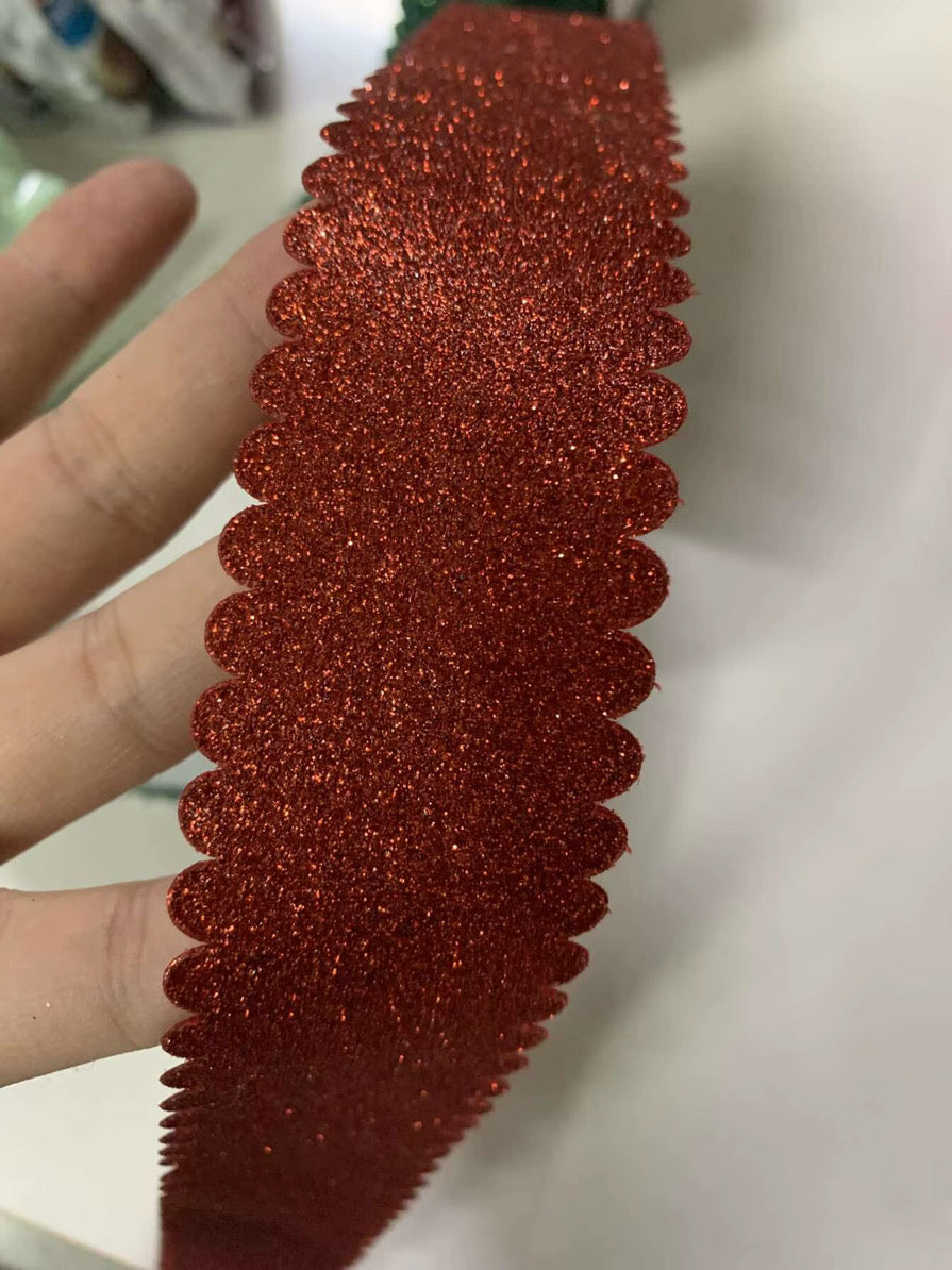 Red Satin GLITTER Scallop Wavy Edge - 1.5"