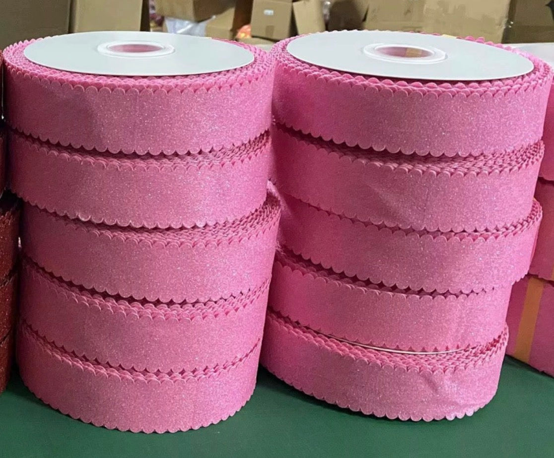 Geranium Pink Satin GLITTER Scallop Wavy Edge - 1.5"