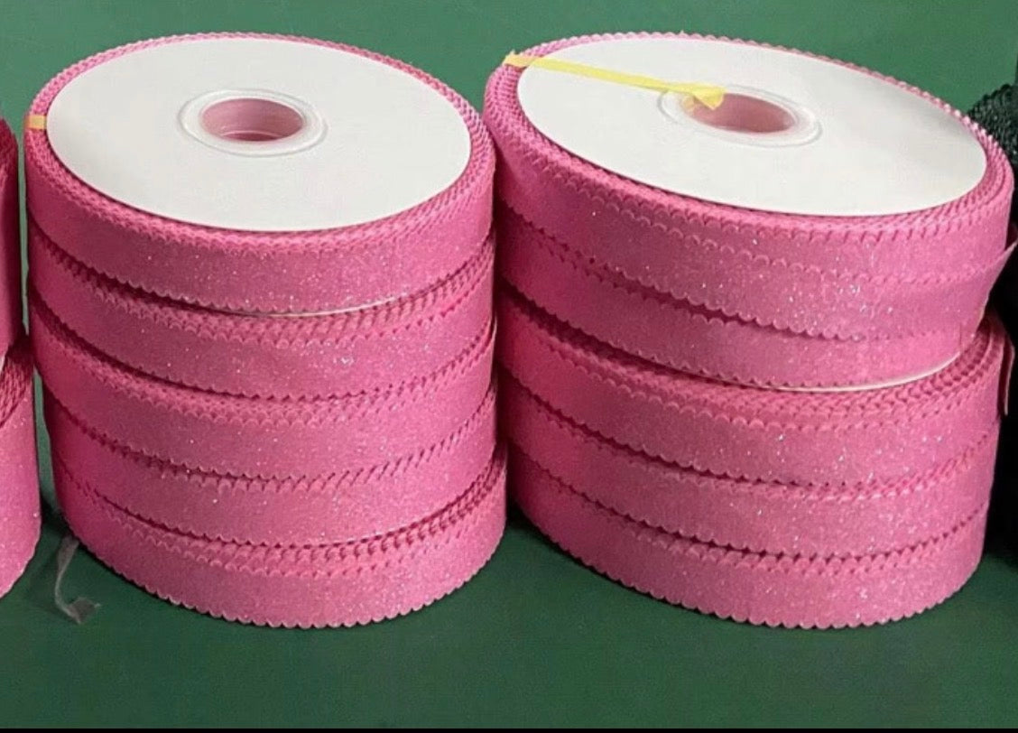Geranium Pink Satin GLITTER Scallop Wavy Edge - 7/8"